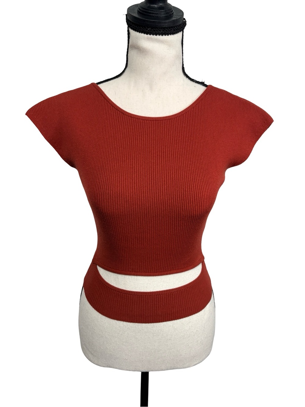 Wilfred Aritzia Rust Ribbed Knit Waist Cutout Top XS